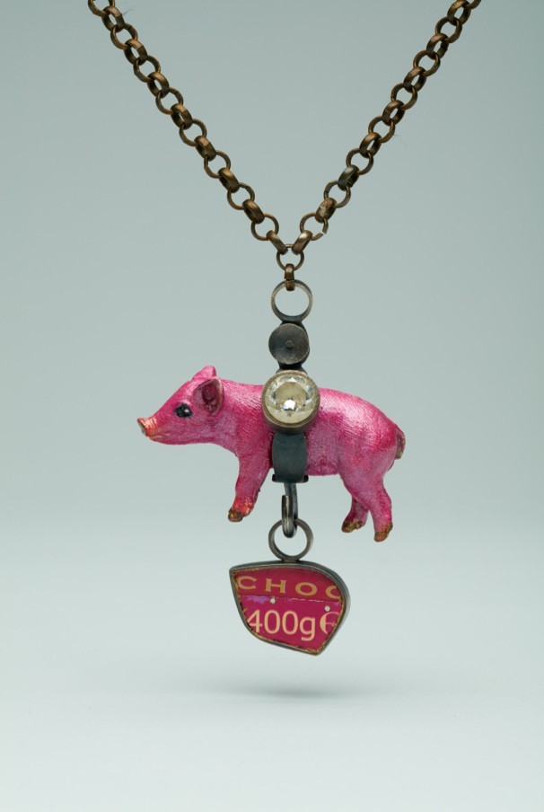 Eden Lennox 400gms 2016 925 silver with patina, brass, pre-printed metal, acrylic toy pig, paint, gold leaf, cubic zirconia 29cmx6cm