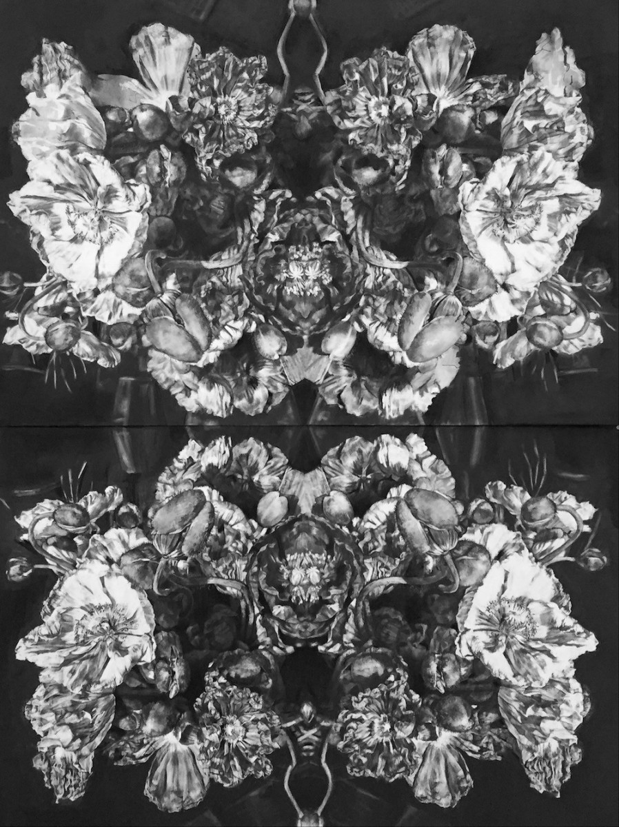 Amy Dynan, Poppies diptych - Stillness in movement, Charcoal on paper 150cmx220cm framed 8,400 or 4,200 each low res